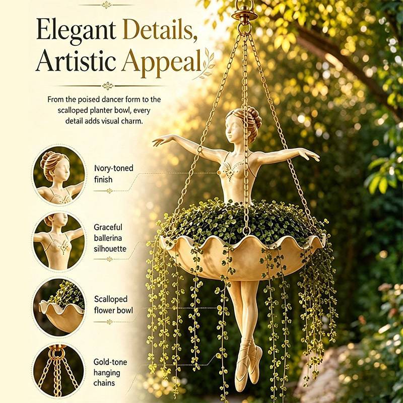 Resin hanging planter with elegant ballerina design, hand-carved details, UV-resistant outdoor flower pot by eprolo