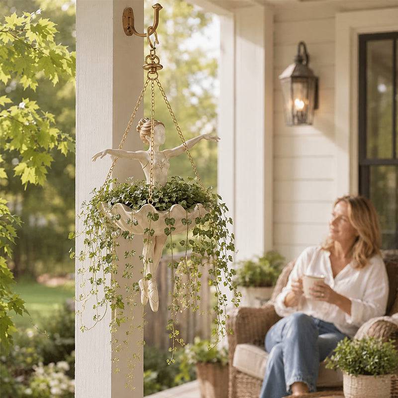 Eprolo resin hanging planter with elegant ballerina design, hand-carved details, UV-resistant outdoor flower pot, suitable for outdoor decor