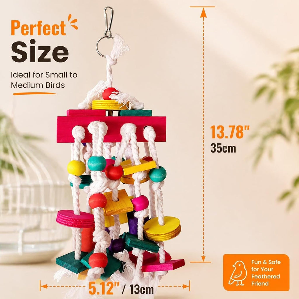 Bird Chewing Toy for Small & Medium Parrots, Wood Blocks & Rope