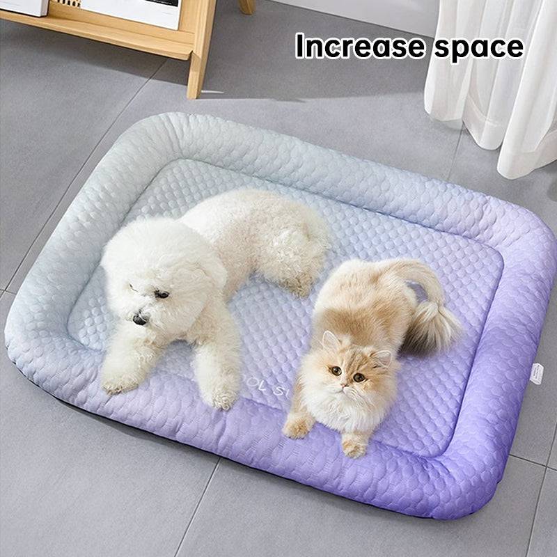 Cooling pet pad by eprolo, breathable cold-silk ice mat with gradient colors, gentle on pet's skin for summer comfort.