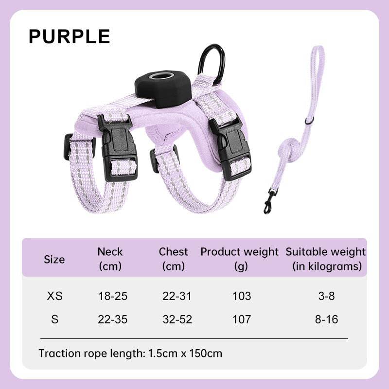 Reflective eprolo escape-proof cat harness with adjustable vest and built-in AirTag holder, suitable for outdoor walking.