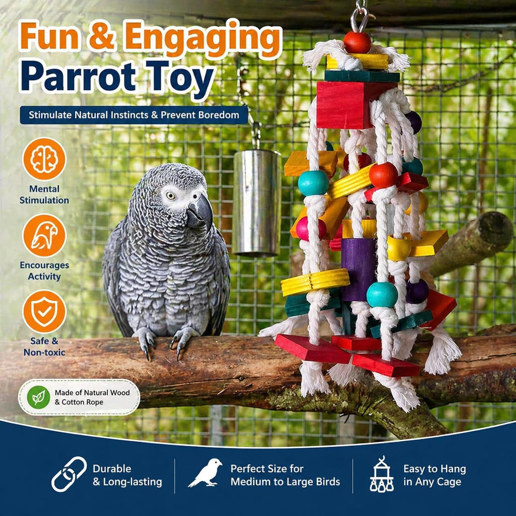 Bird Chewing Toy for Small & Medium Parrots, Wood Blocks & Rope