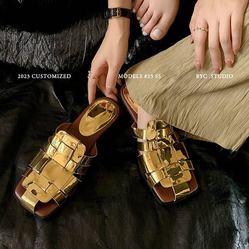 eprolo golden Roman pig cage cold slippers for women, summer flat-bottom woven hollow head half slippers with open toe design
