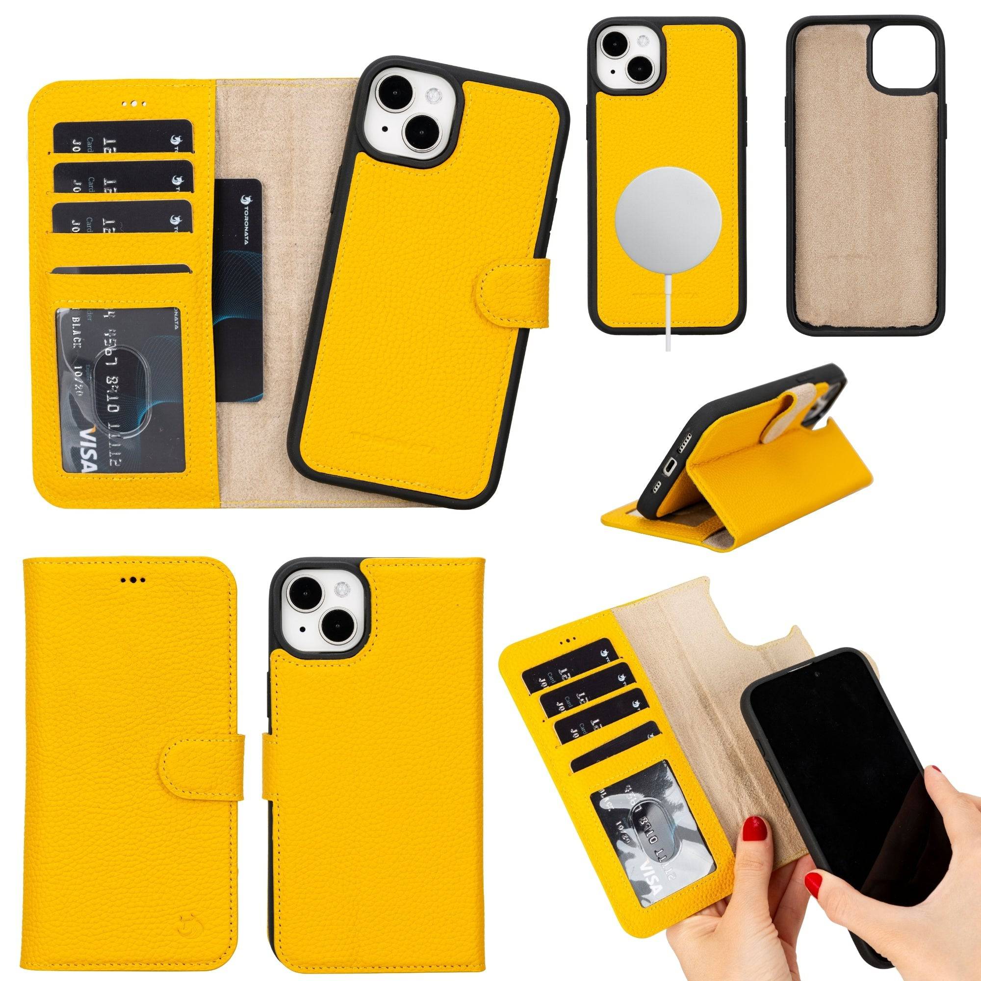 TORONATA Casper Leather iPhone 14 Plus Wallet Case with MagSafe, showing the sleek black leather design with card slots and magnetic attachment.