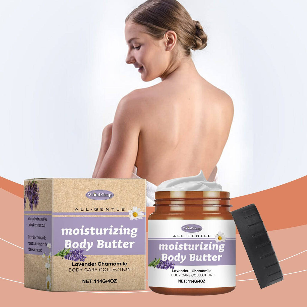 eprolo WoodSleep Lavender and Chamomile body butter moisturizer, creamy texture, natural ingredients, and calming botanical scents
