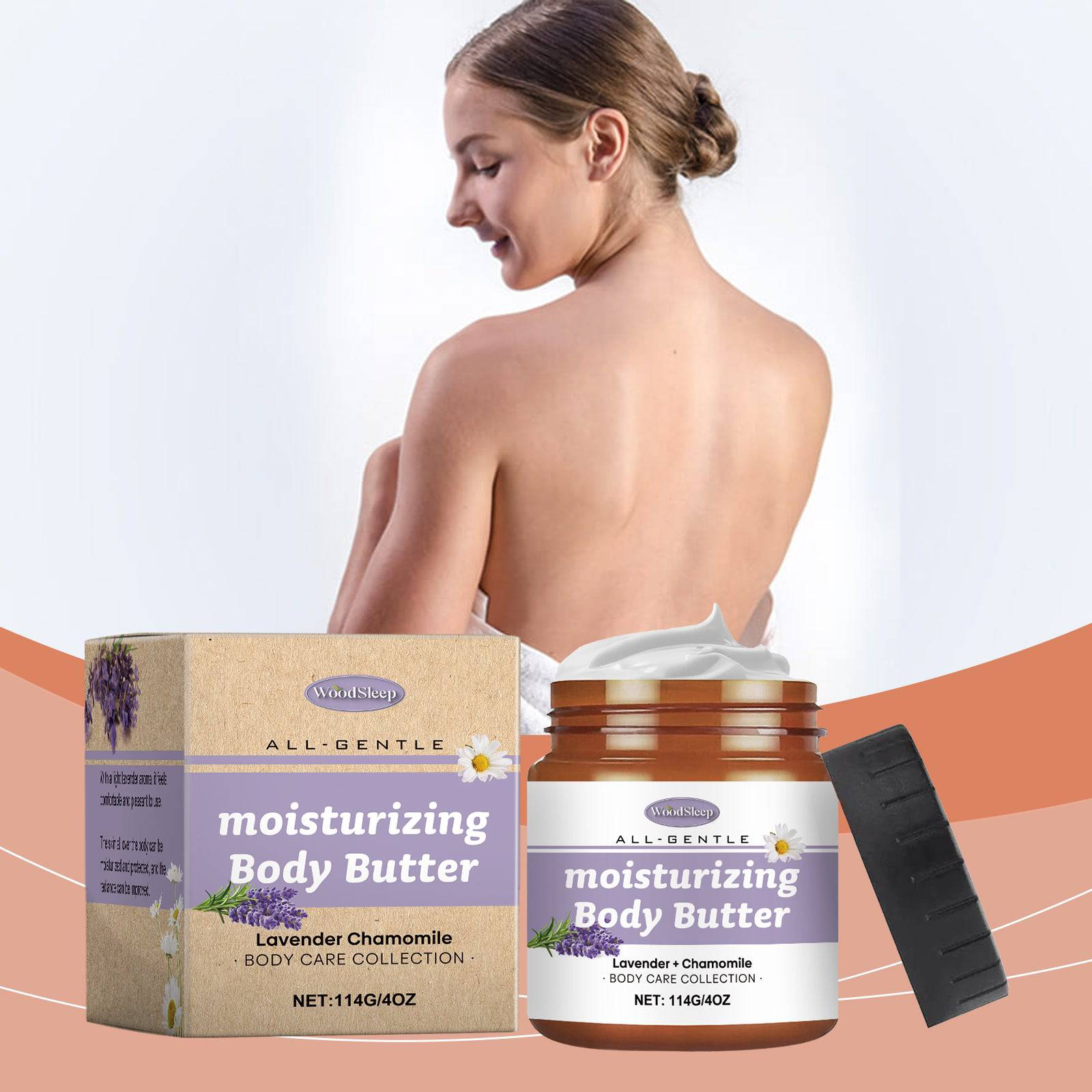 eprolo WoodSleep Lavender and Chamomile body butter moisturizer, creamy texture, natural ingredients, and calming botanical scents