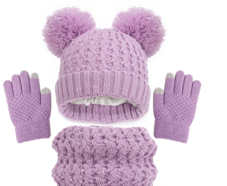 Eprolo children's winter hat, scarf, and gloves set with plush, thickened double-ball baby hat for autumn and winter warmth.