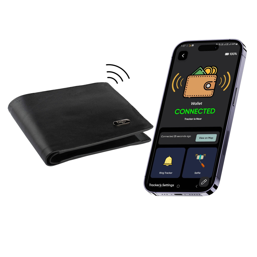 Stitchless Dolphin Tracker smart wallet with RFID blocking, displaying sleek black design and compact size for secure card storage.