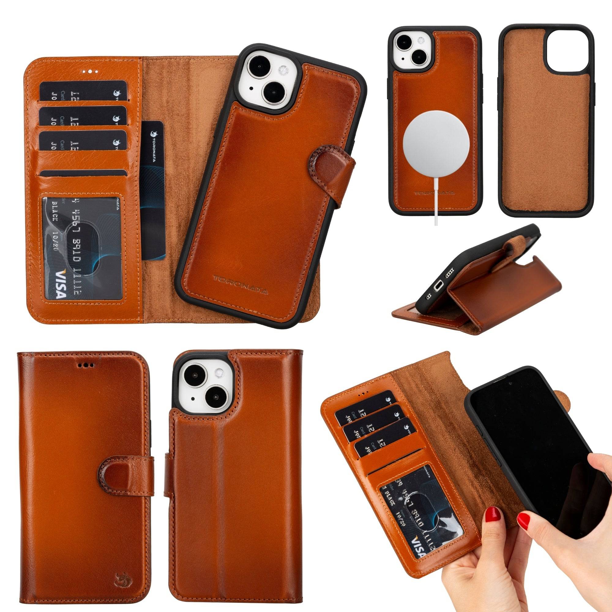 TORONATA Casper Leather iPhone 14 Plus Wallet Case with MagSafe, featuring a sleek leather design and card slots for phone protection.