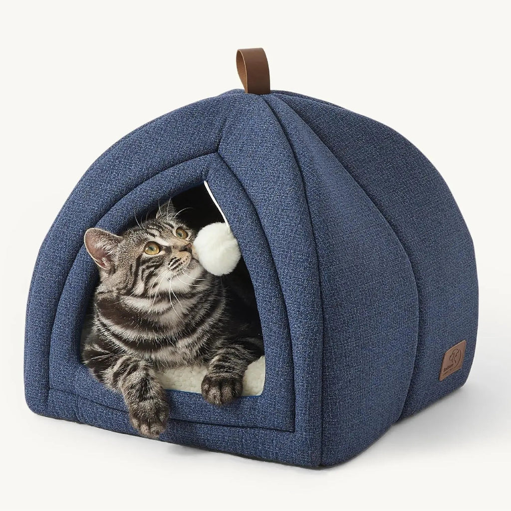 2-in-1 Cat Cave Bed – Foldable Indoor Tent with Washable Cushion