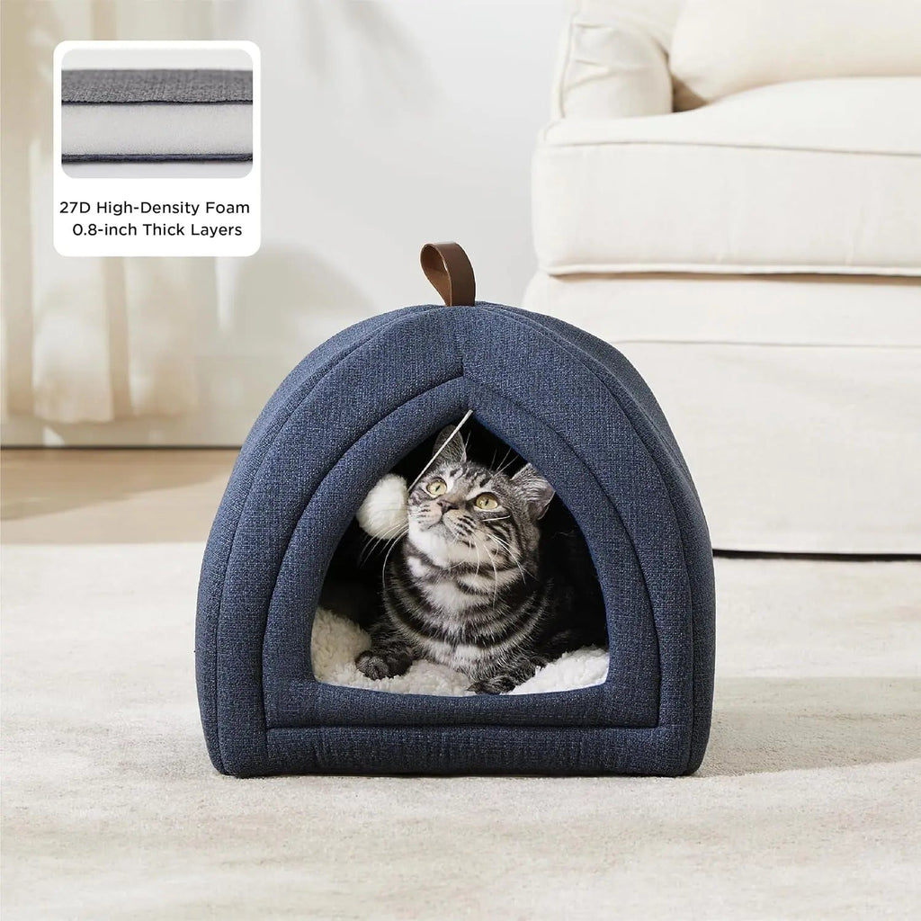 2-in-1 Cat Cave Bed – Foldable Indoor Tent with Washable Cushion