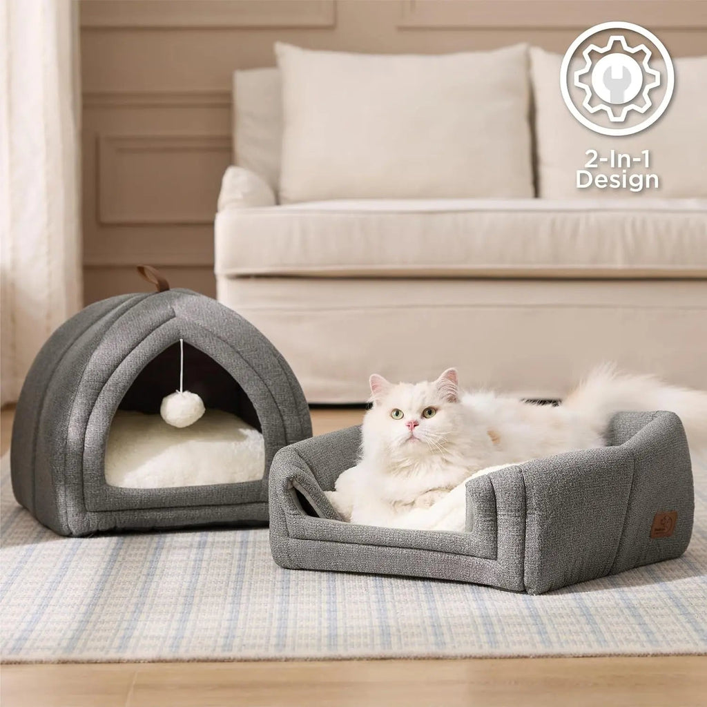 2-in-1 Cat Cave Bed – Foldable Indoor Tent with Washable Cushion