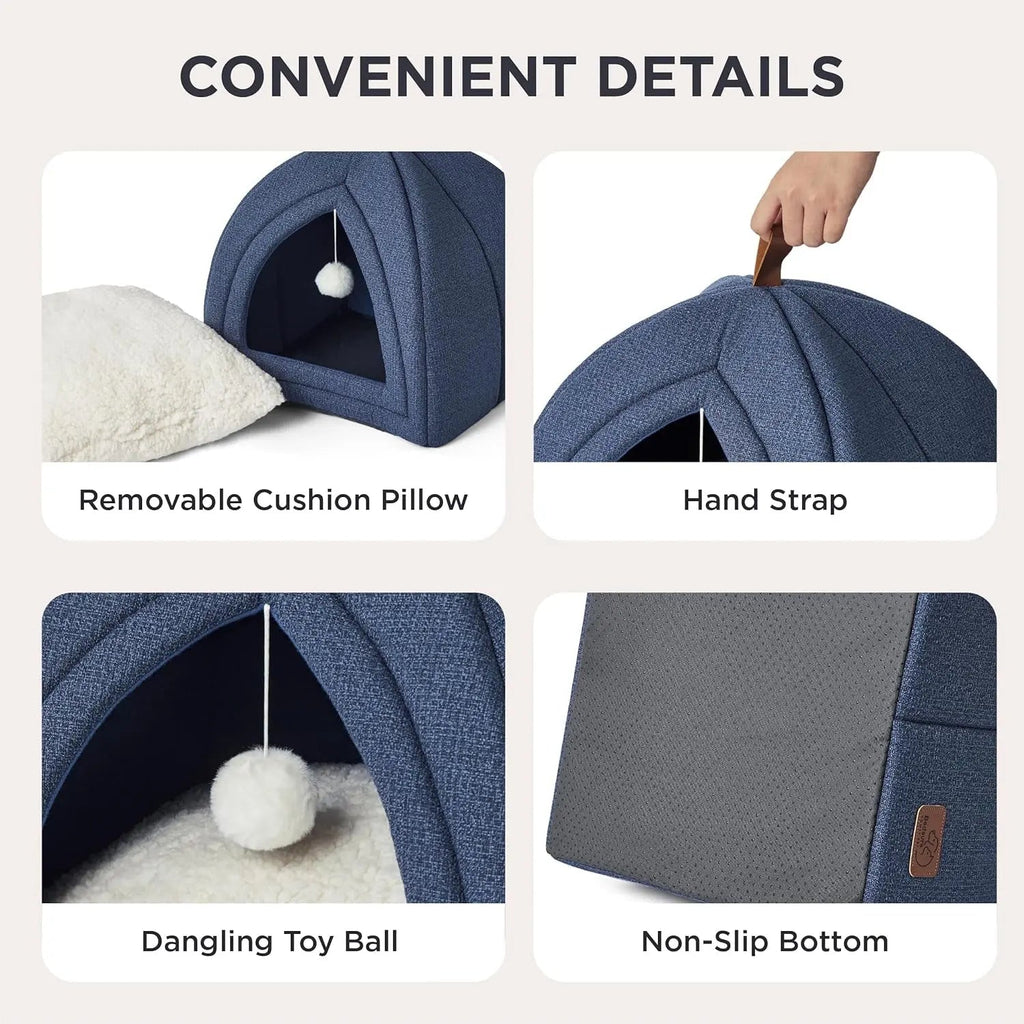 2-in-1 Cat Cave Bed – Foldable Indoor Tent with Washable Cushion