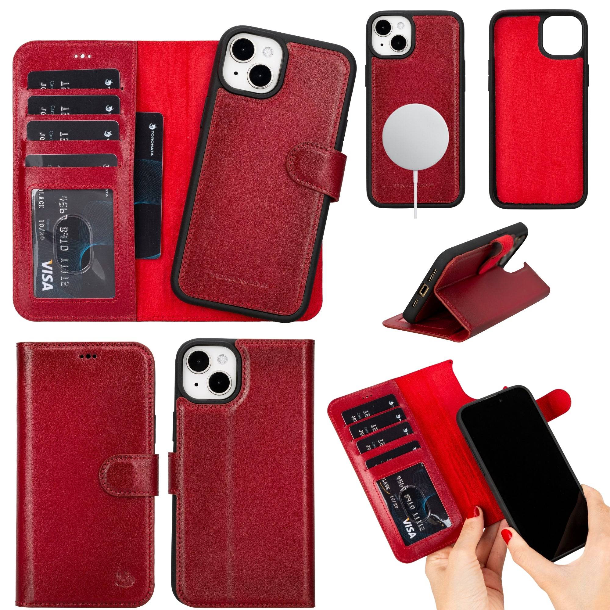 TORONATA Casper Leather iPhone 14 Plus Wallet Case with MagSafe, showing the stylish brown leather exterior and card slots.