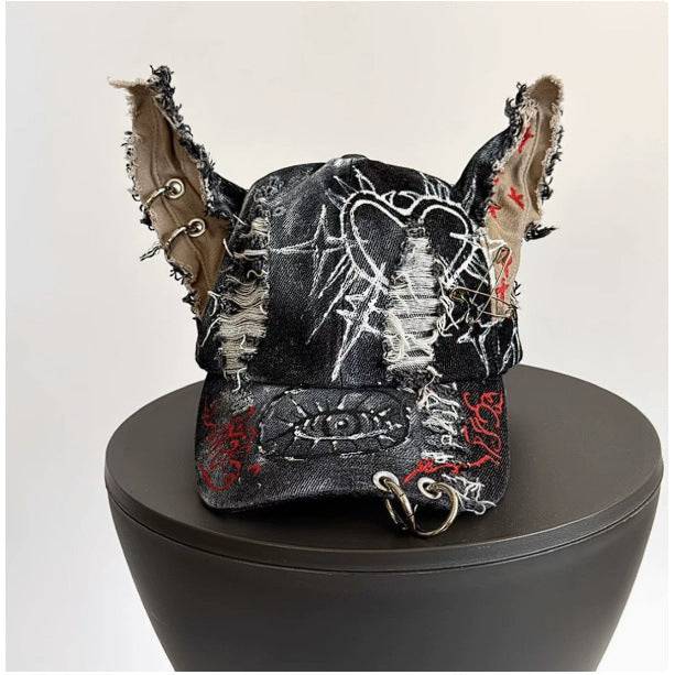 Doodle Doberman 3D ears baseball cap by eprolo, star embroidery snapback hat featuring Japanese streetwear Gothic punk style for women.