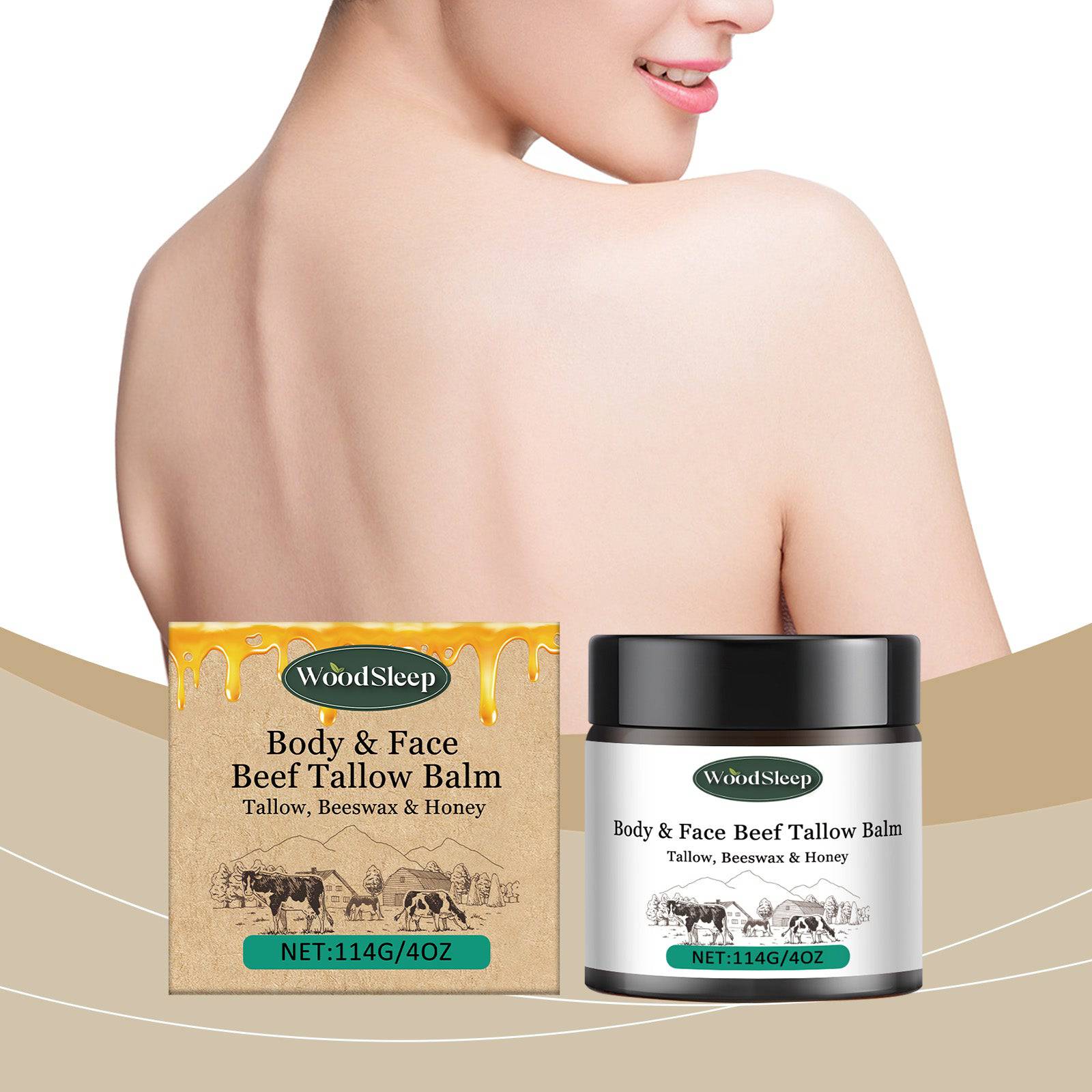 eprolo WoodSleep Butter Fed Moisturizer bottle with creamy lotion, designed to hydrate tender skin and nourish the body.