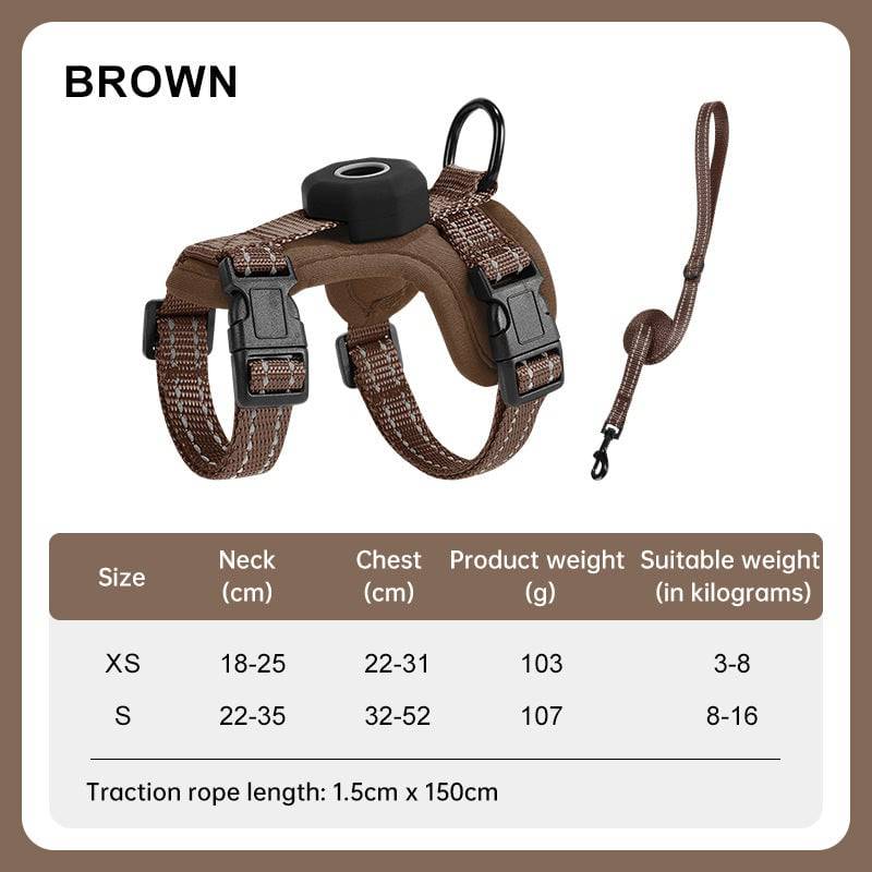 Reflective escape-proof cat harness by eprolo with adjustable vest and built-in AirTag holder for outdoor walks.