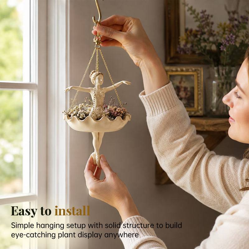 Eprolo resin hanging planter with elegant ballerina design, hand-carved details, UV-resistant outdoor flower pot, suitable for garden decor.