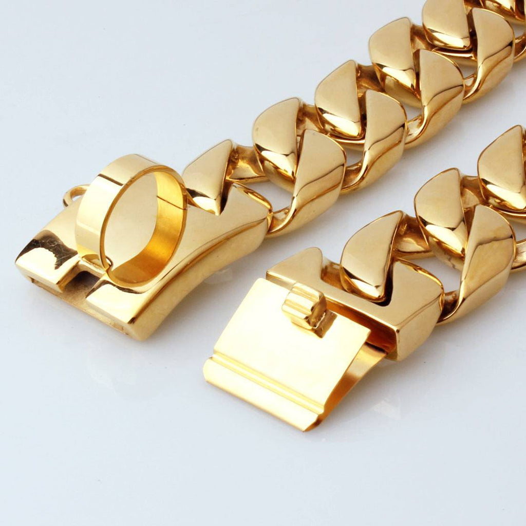 Gold 32mm stainless steel dog collar with chain for Doberman, Bulldog, or Castro Bully from eprolo, featuring a sturdy, fierce dog design.