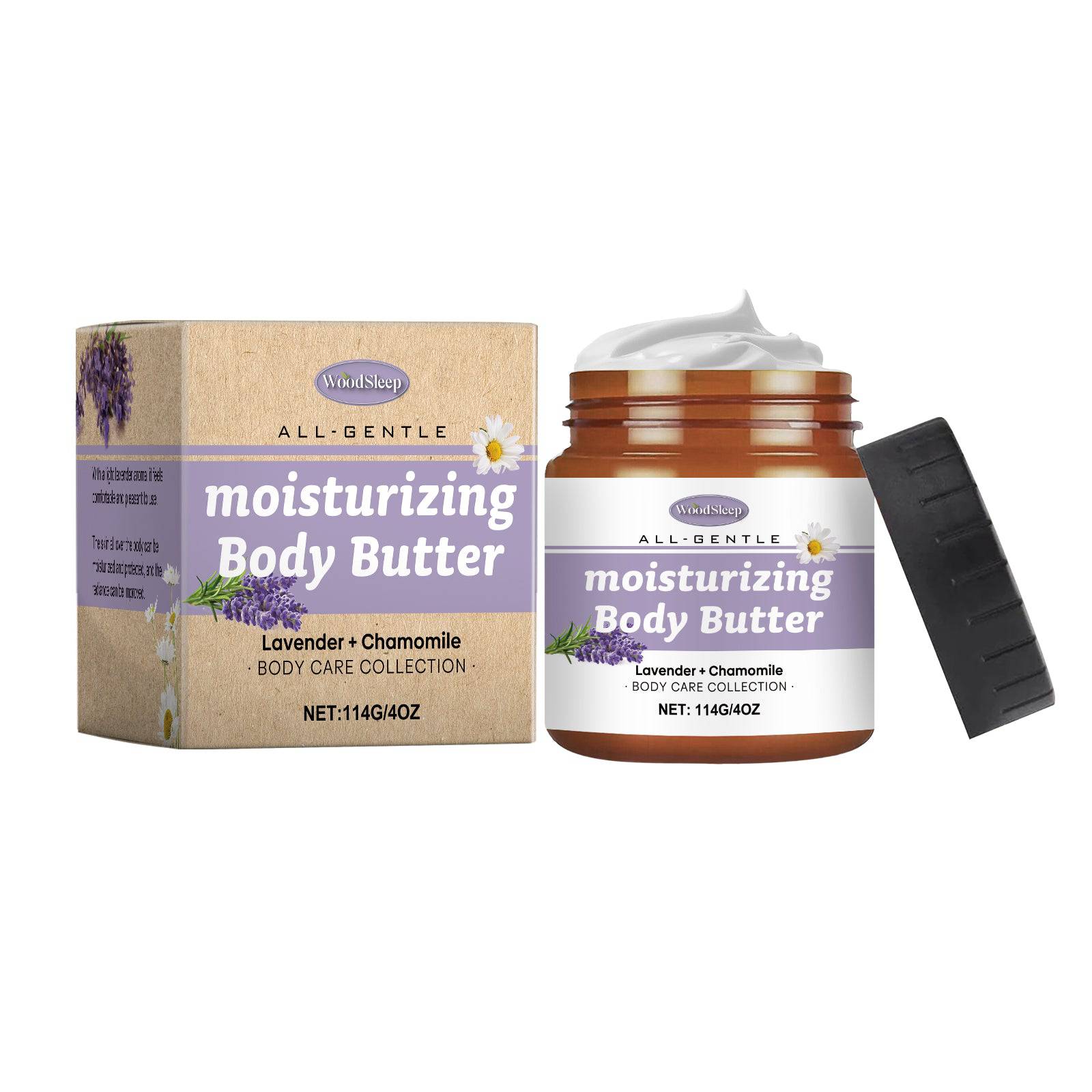 eprolo WoodSleep lavender and chamomile body butter moisturizer with creamy texture, suitable for deep hydration all over the skin