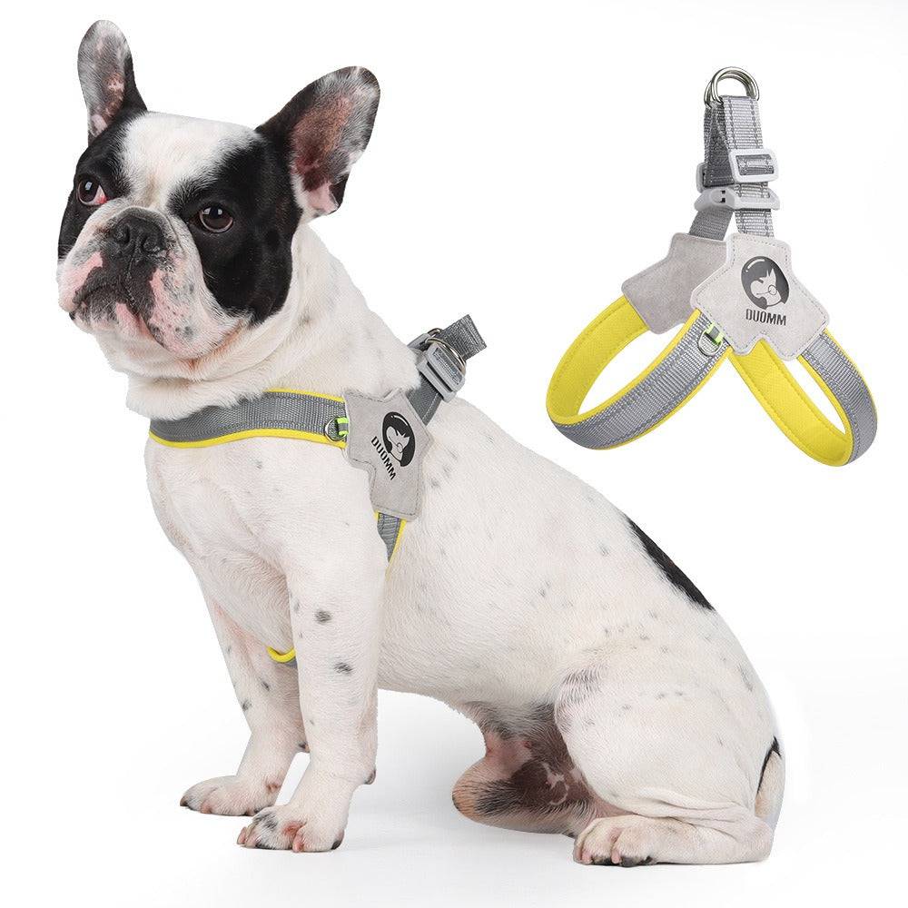 Breathable eprolo saddle style dog chest harness with reflective strips, designed for comfort and visibility during walks.