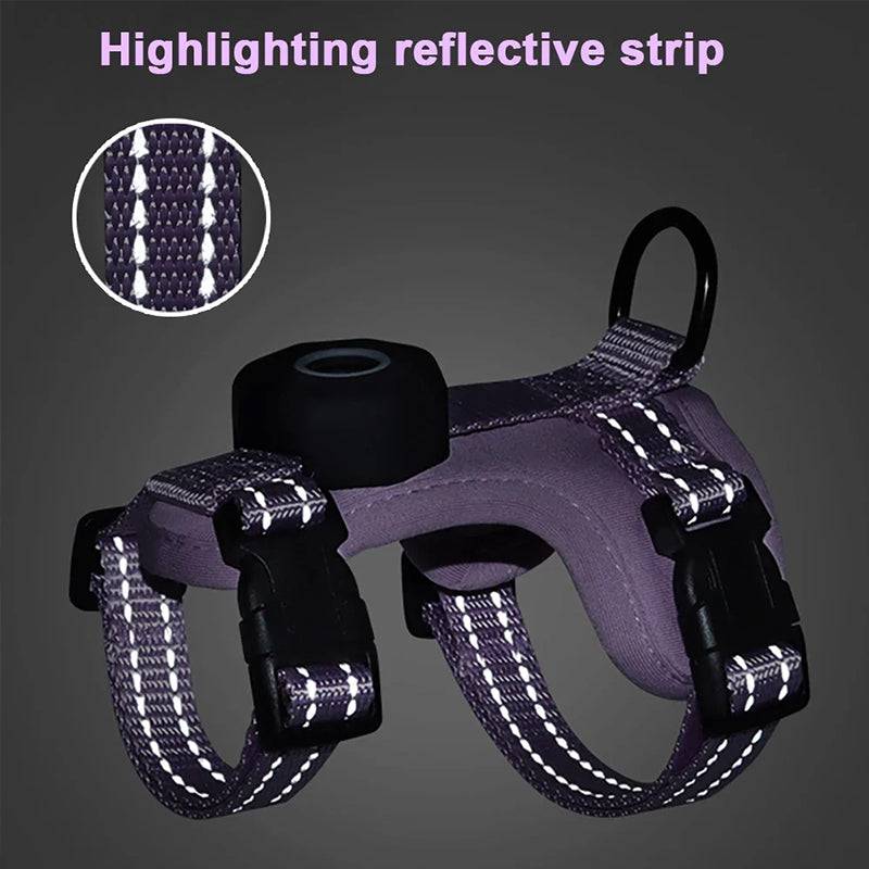 Reflective escape-proof cat harness by eprolo with adjustable vest and built-in AirTag holder for outdoor walks.