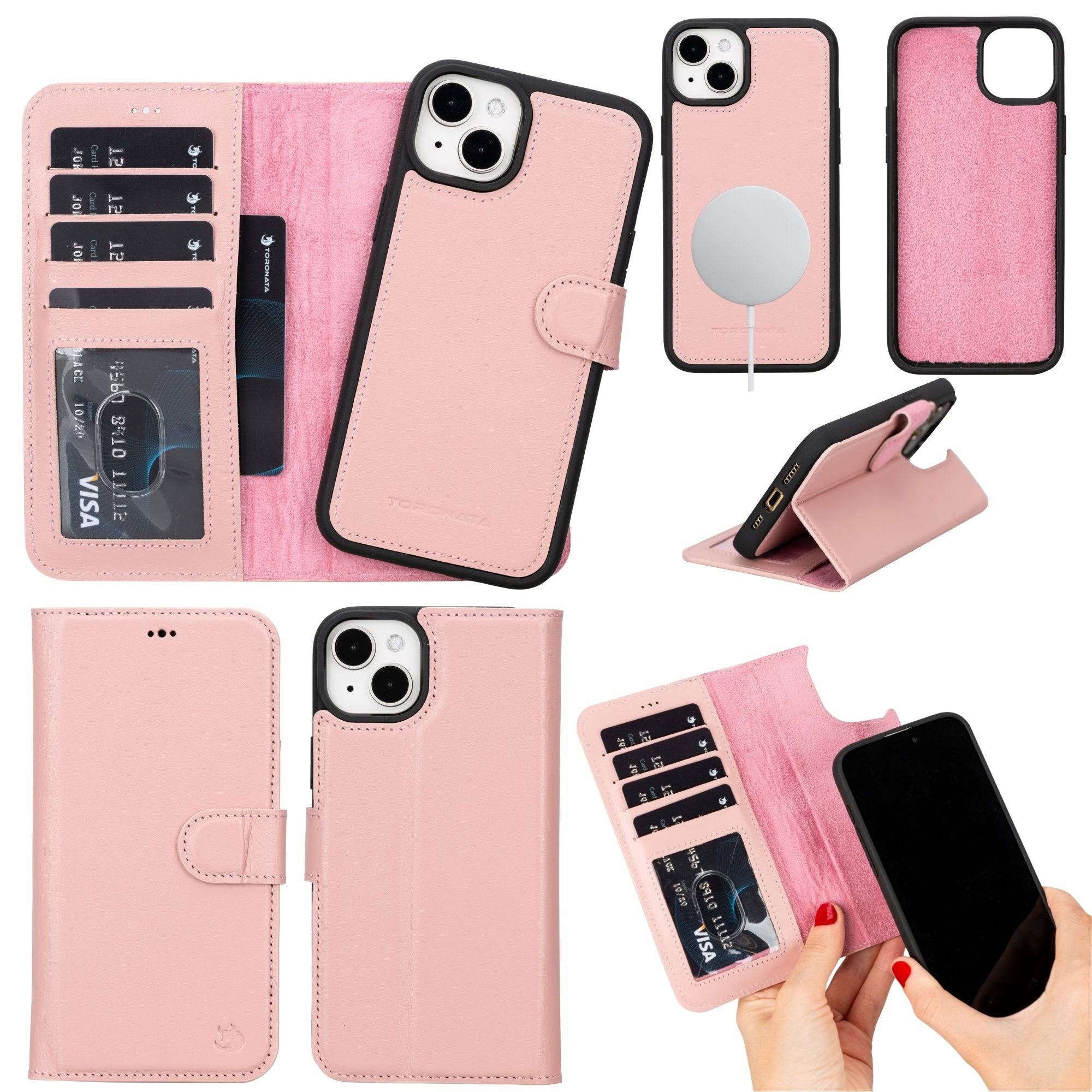 TORONATA Casper Leather iPhone 14 Plus Wallet Case with MagSafe, featuring a sleek leather design and card slots for convenient storage.
