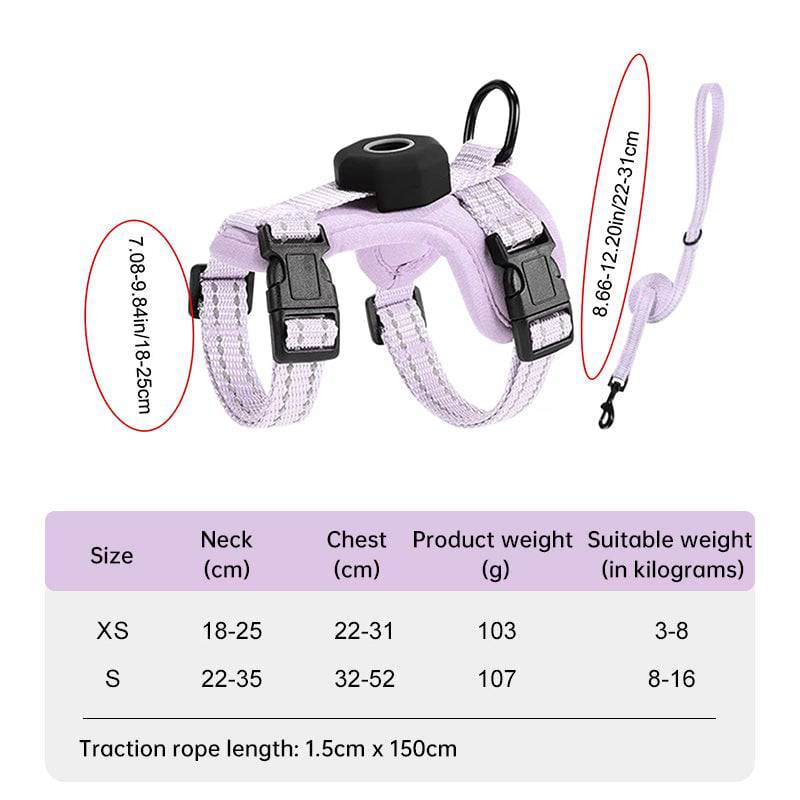 Reflective eprolo escape-proof cat harness with adjustable vest and built-in AirTag holder for outdoor walks.
