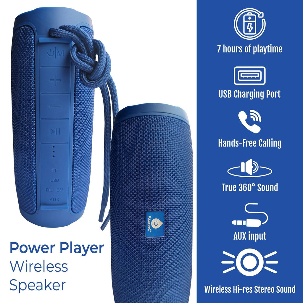Pursonic wireless speaker called The Power Player with a sleek black design and control buttons on top.
