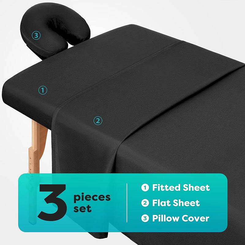 eprolo 3-piece massage table sheet set in solid color with washable, durable fabric, shown on a massage table.