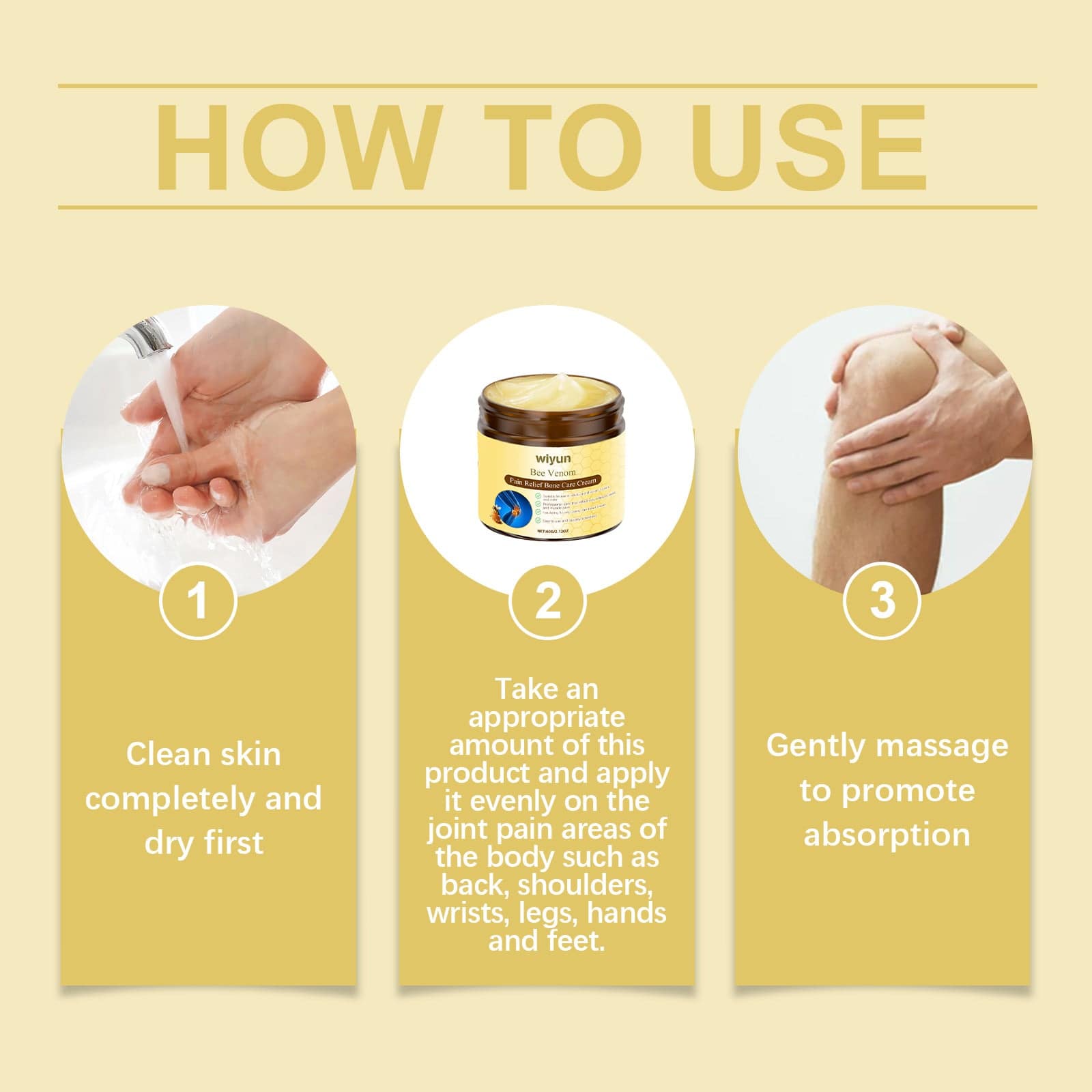 Eprolo Wiyun Bee Venom Joint Care Cream applied to wrist and knee for soothing, gentle daily massage and topical relief.