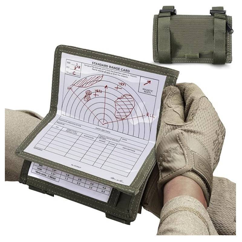 Eprolo tactical arm map holder worn on a soldier's arm, showing storage for maps, cards, and notes during field or range use.