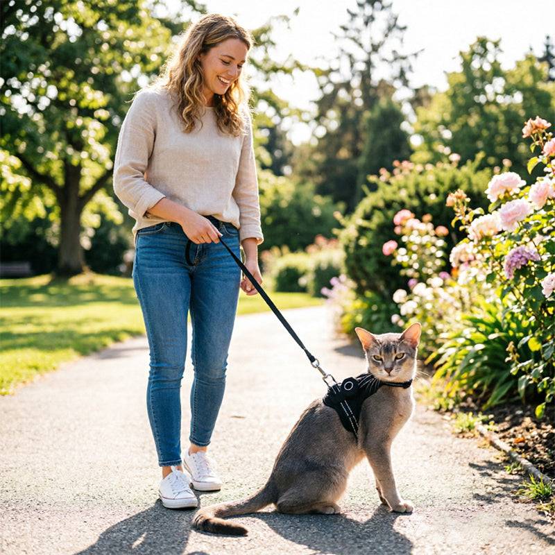 Reflective eprolo escape-proof cat harness with adjustable vest and built-in AirTag holder for outdoor walks.