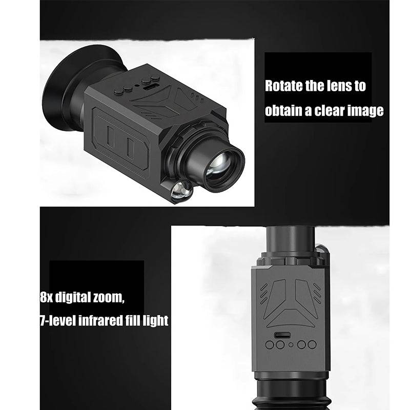 Portable eprolo night vision goggles for day and night hunting, showing compact design and adjustable head strap in use.
