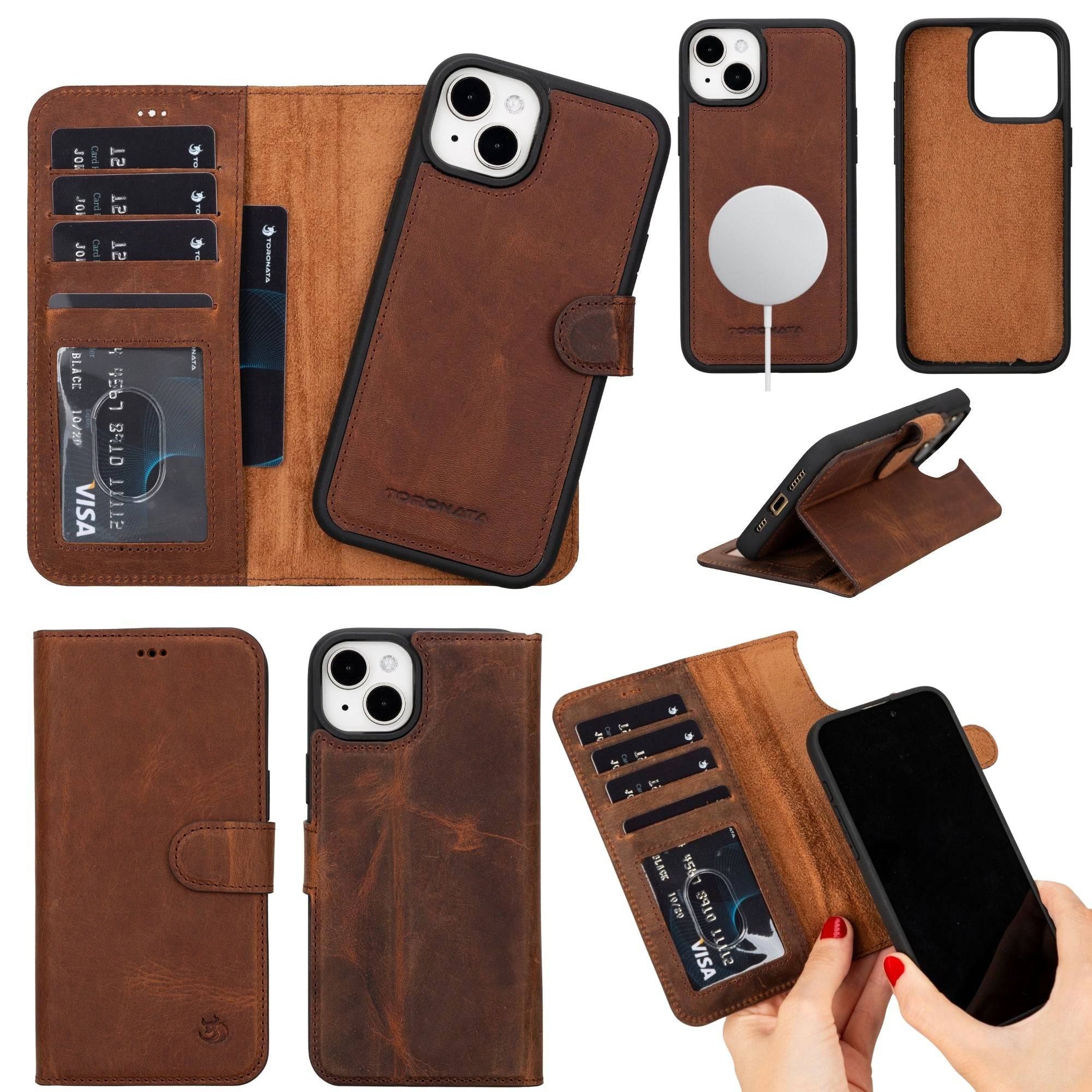 TORONATA Casper Leather iPhone 14 Plus Wallet Case with MagSafe, featuring a sleek leather design and card slots for convenient use.