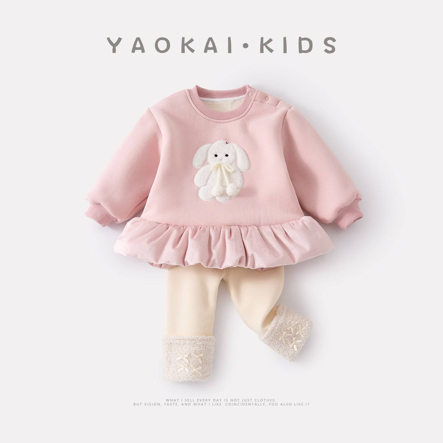 Toddler girl wearing eprolo embroidered fleece-lined mid-length hoodie set, featuring cozy fabric and detailed embroidery.