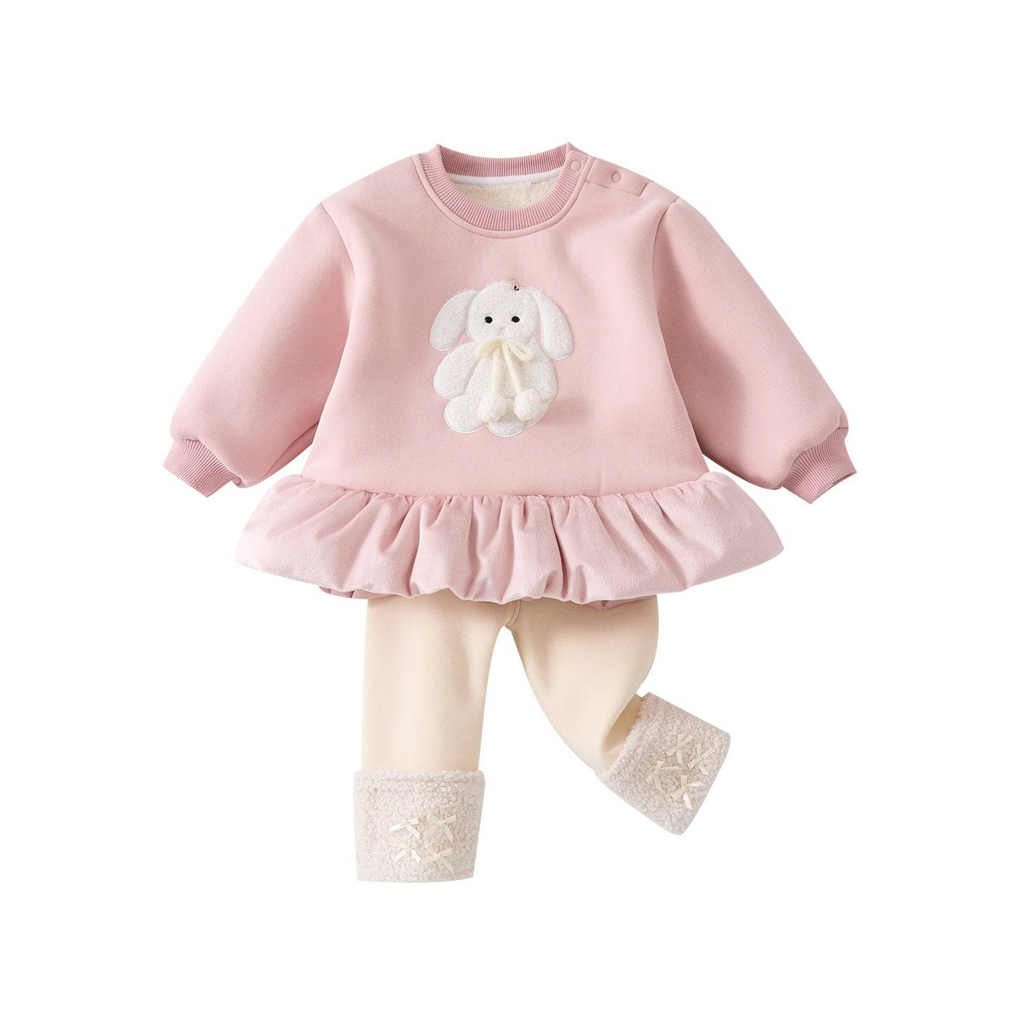 Toddler girl wearing eprolo embroidered fleece-lined mid-length hoodie set, featuring a cozy, stylish design with colorful embroidery.