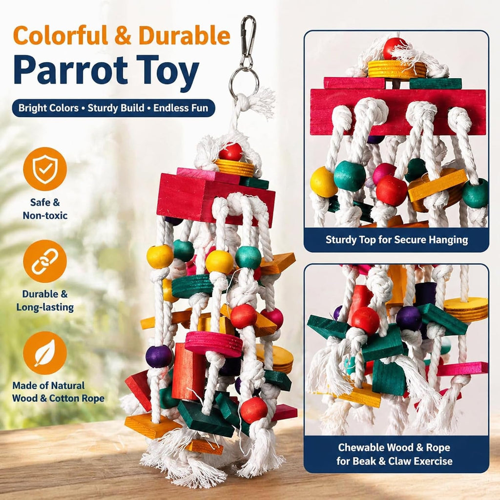 Bird Chewing Toy for Small & Medium Parrots, Wood Blocks & Rope