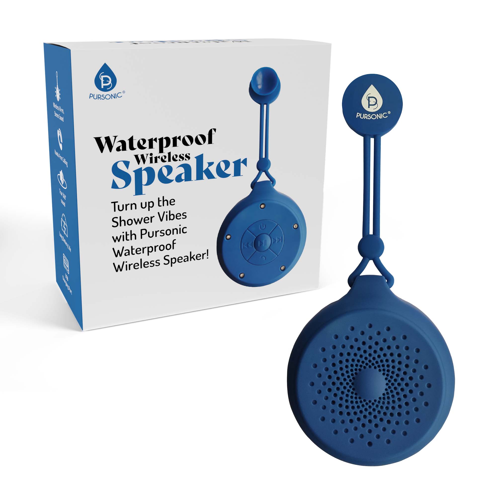 Pursonic Total Audio Freedom Collection with wireless earbuds, 360° speaker, and waterproof suction speaker, all in a sleek electronics set.
