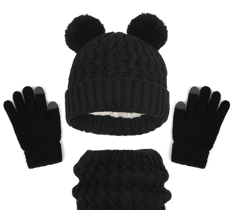 Eprolo children's winter hat, scarf, and gloves set with plush, thickened double-ball baby hat for autumn and winter warmth.