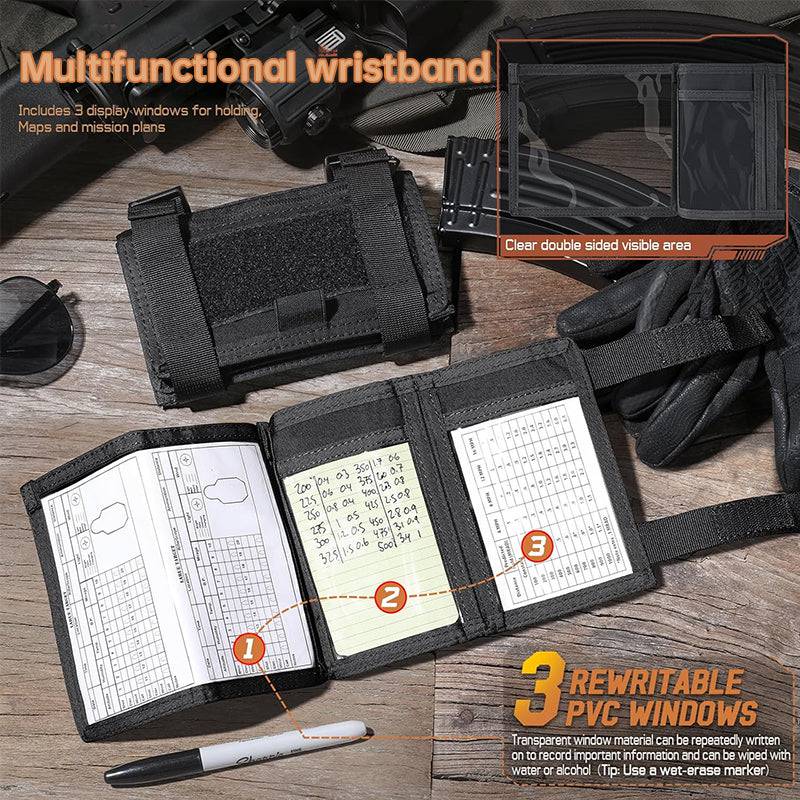 eprolo tactical arm map holder on military wrist sleeve showing map, cards, and notes for range and field use.