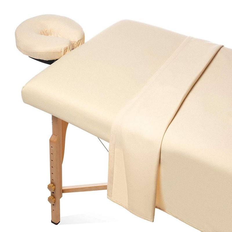 eprolo 3-piece massage table sheet set in solid color, washable and durable, with fitted and flat sheets displayed on a massage table