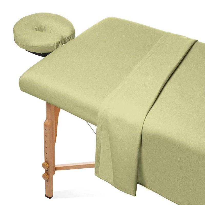 eprolo 3-piece massage table sheet set in solid color, washable and durable fabric, shown on massage table with fitted sheets and pillowcase