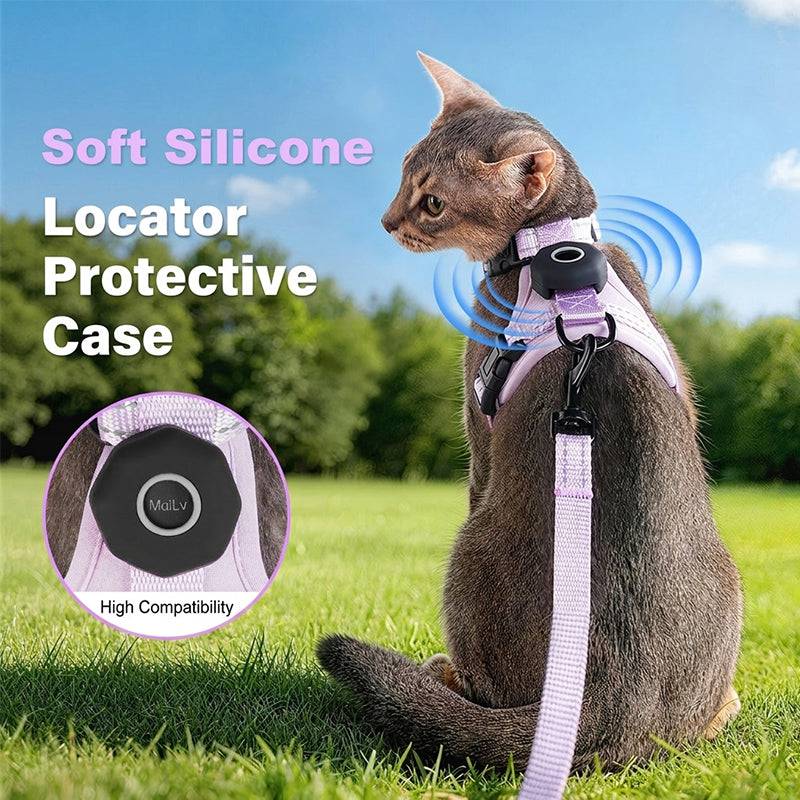 Reflective eprolo escape-proof cat harness with adjustable vest and built-in AirTag holder for outdoor walks.