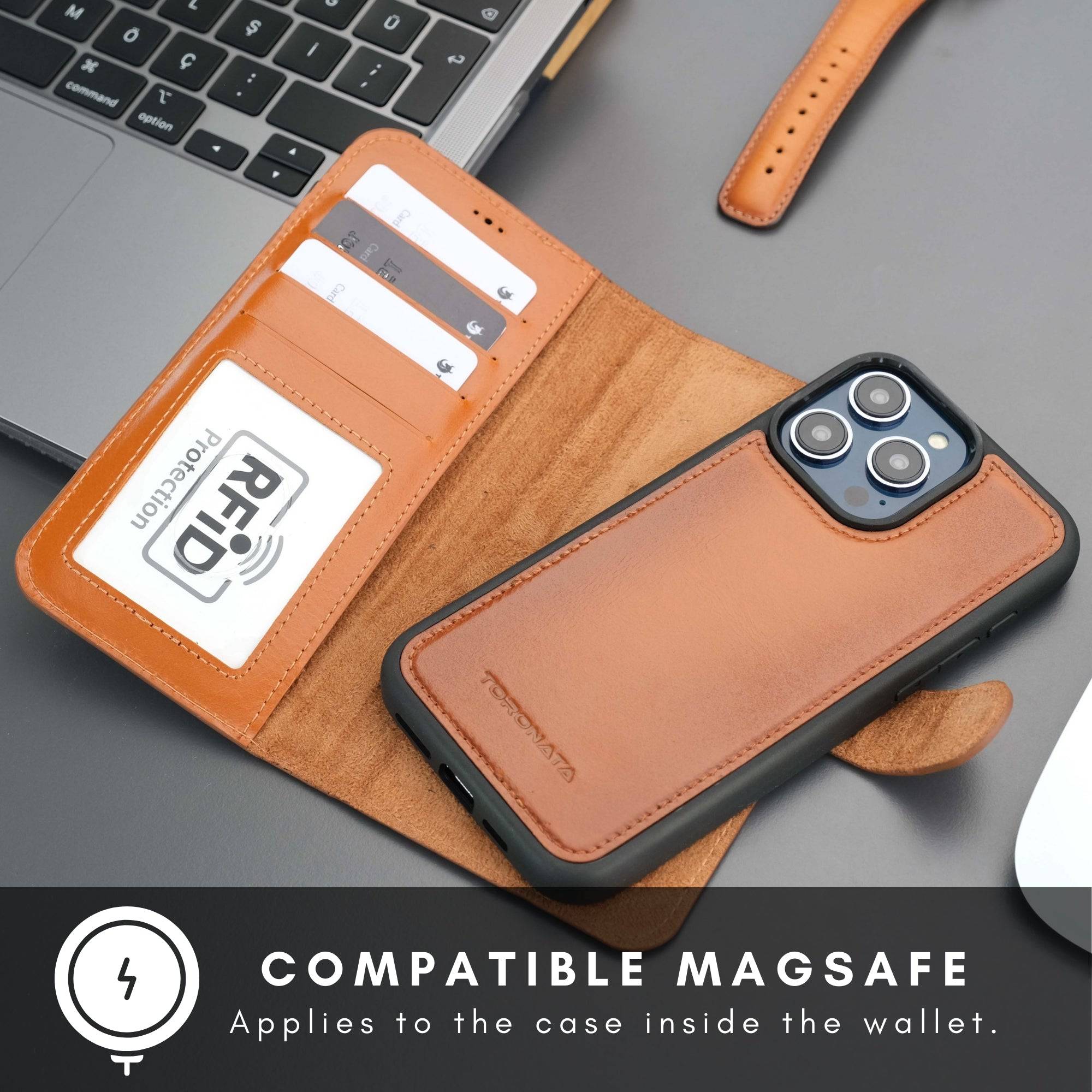 TORONATA Casper iPhone 16 Pro Max leather wallet case with MagSafe, showing card slots and sleek mobile phone protection.