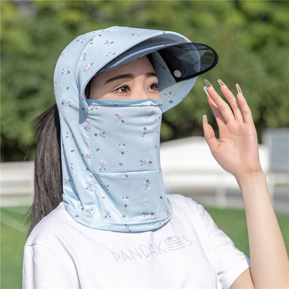 Eprolo summer sun hat with floral ice silk fabric, face protection, and wide brim for beach and outdoor sun protection.
