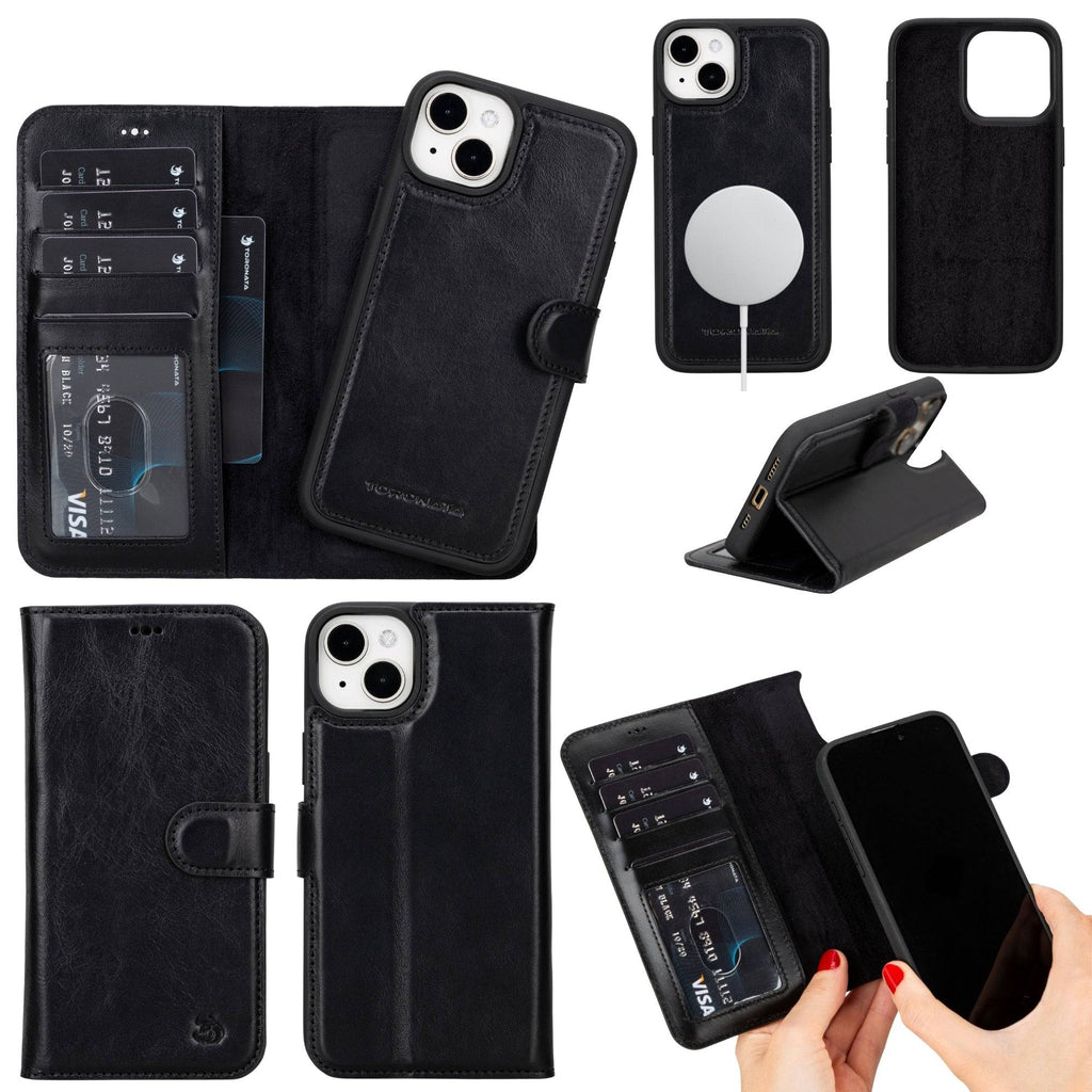 TORONATA Casper Leather iPhone 14 Plus Wallet Case with MagSafe, featuring a sleek brown leather design and card slots.