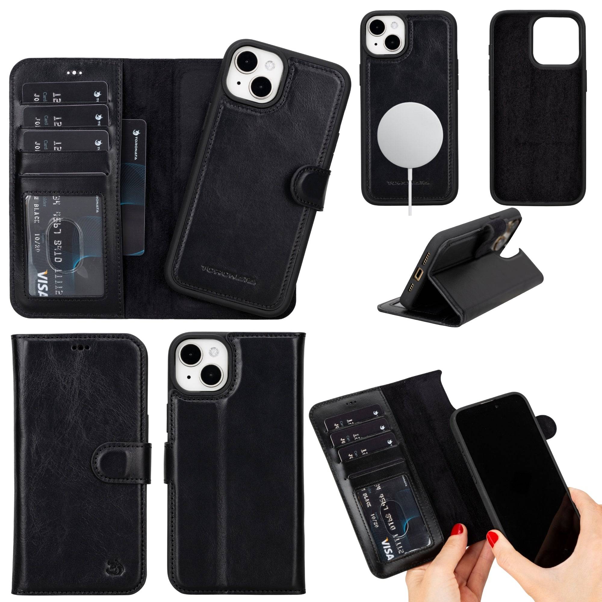 TORONATA Casper Leather iPhone 14 Plus Wallet Case with MagSafe, featuring a sleek brown leather design and card slots.