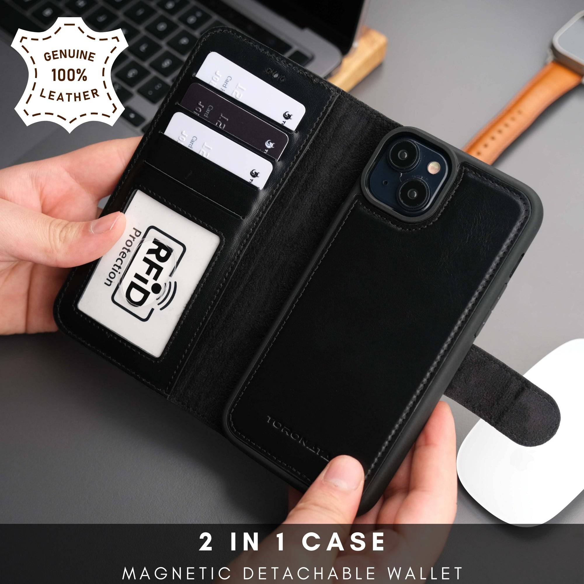 TORONATA Casper Leather iPhone 14 Plus Wallet Case with MagSafe, featuring a sleek leather design and card slots for convenience.