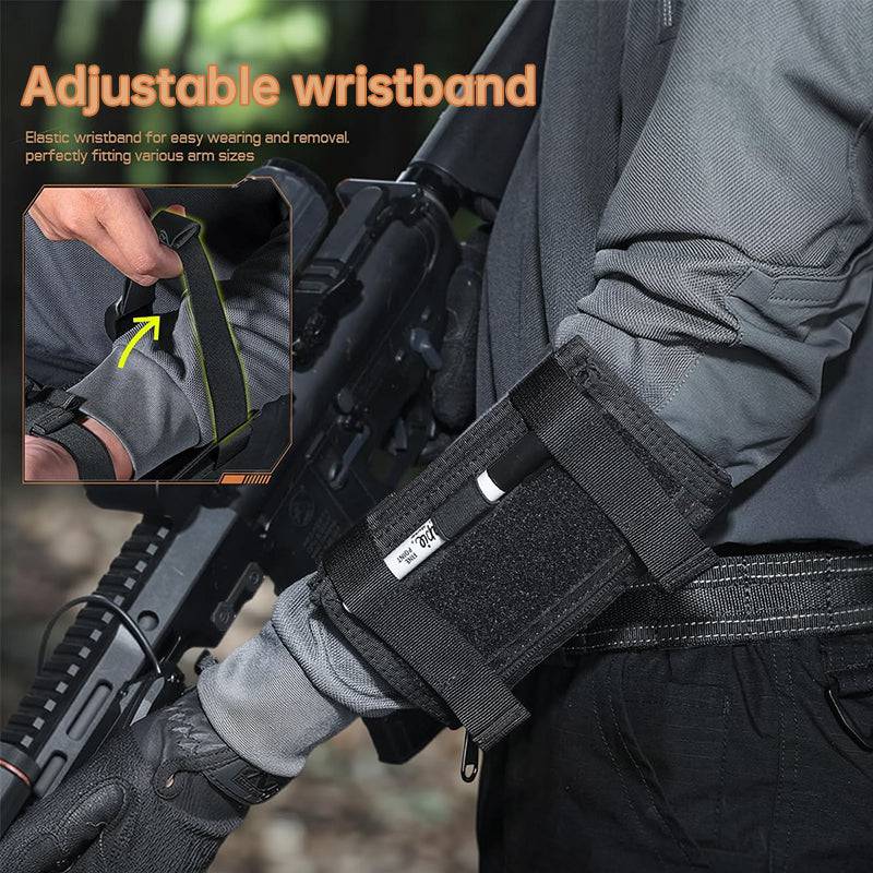 Eprolo tactical arm map holder on a military wrist sleeve for maps, cards, and notes, suitable for range and field use.